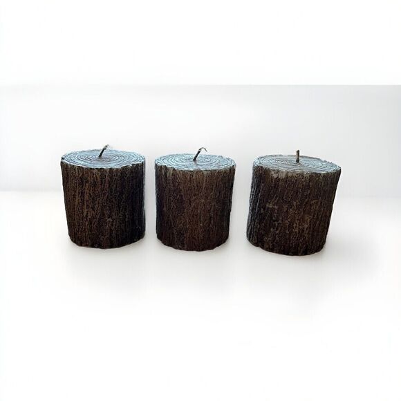 3 Short Hand Carved Wood Bark Log Pillar Candles 3x3.5 Cabincore Unique - Picture 1 of 10
